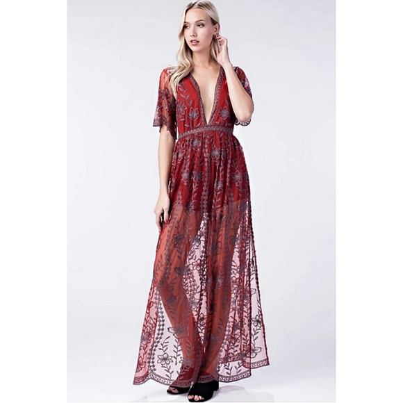 Wild Honey Dresses & Skirts - Wild Honey Plunging V Embroidered Lace Maxi Dress